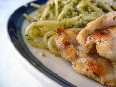 Pasta and Grilled Chicken with Walnut Pesto Sauce