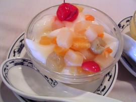 Almond Gelatin with Fruit Cocktail and Lychees